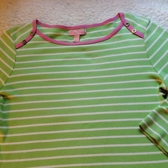 Lilly Pulitzer Sz. S Mint Green & White‎ Striped Pink Neck Trim LS Pullover Top - Picture 3 of 7